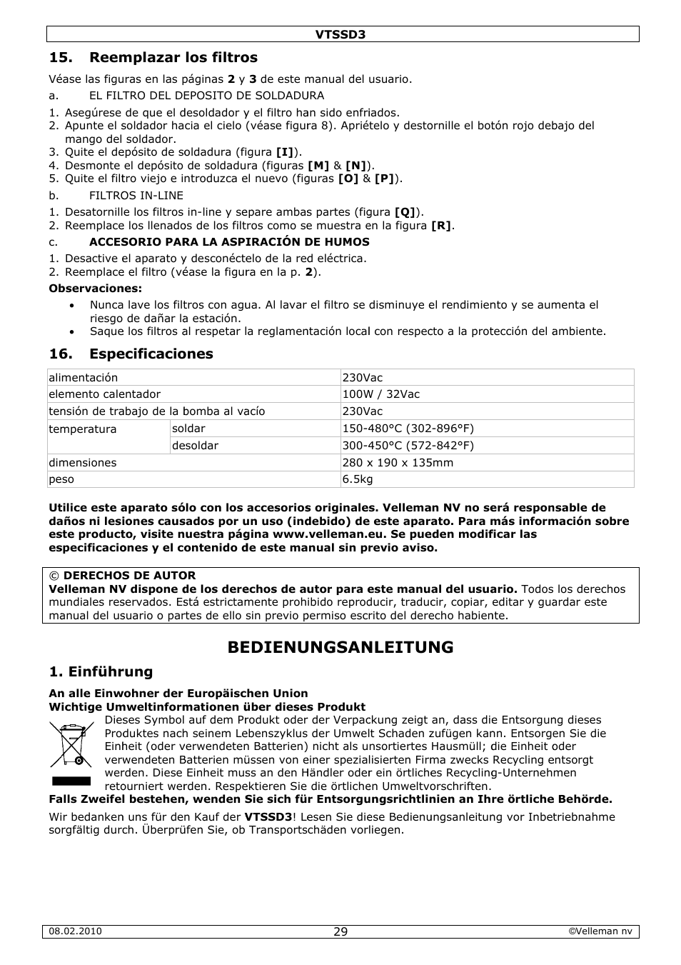 Edienu, Ungsan, Nleitun | Reem, Espe, Einführ, Mplazar, Ecificacio, Rung, Los filtro | Velleman VTSSD3 User Manual | Page 29 / 51