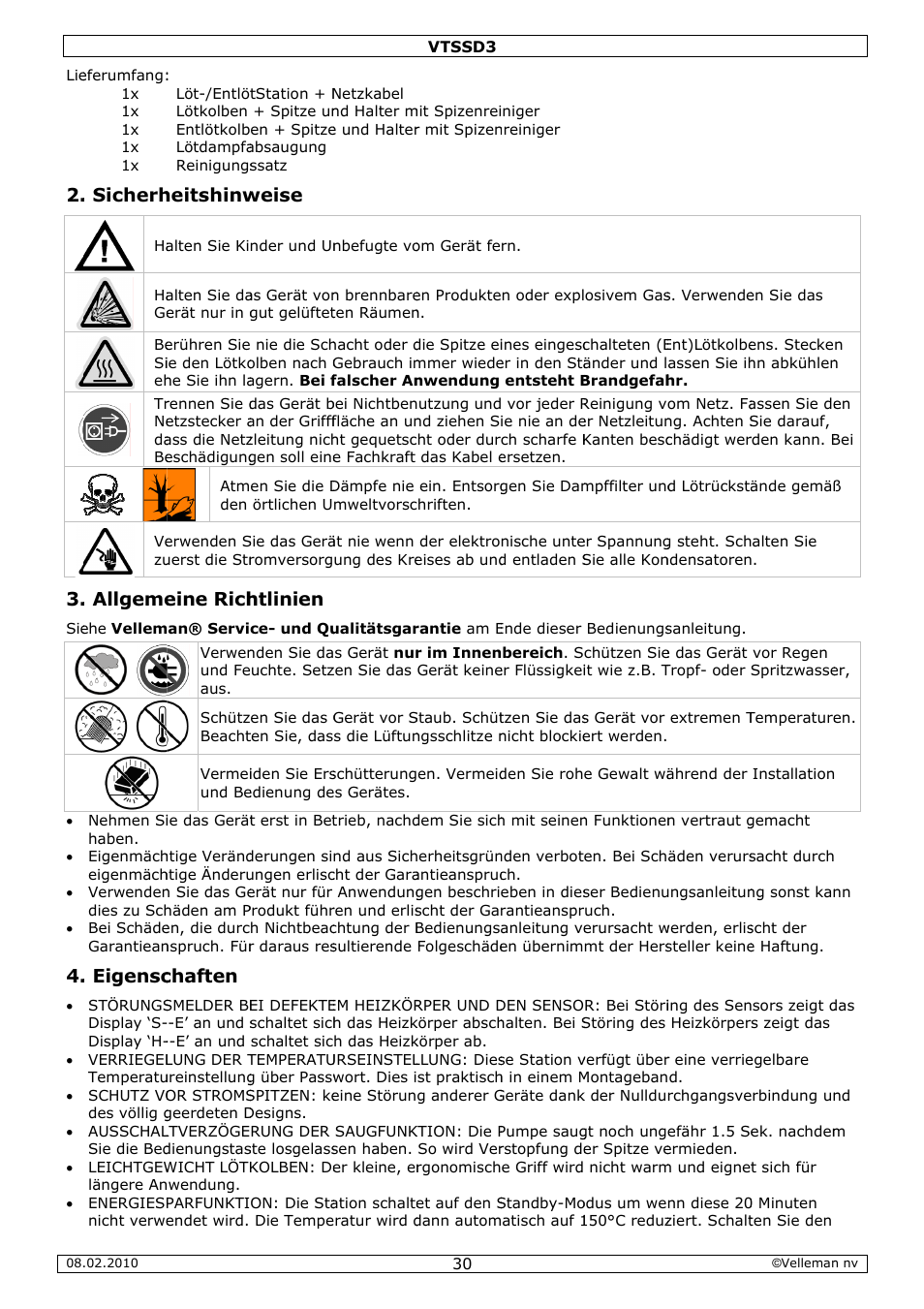 Sicherh, Allgeme, Eigensc | Heitshinw, Eine rich, Chaften, Weise, Htlinien | Velleman VTSSD3 User Manual | Page 30 / 51