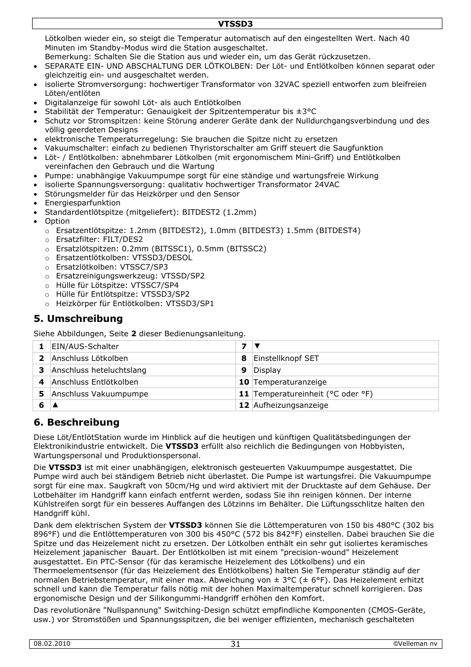 Umschreibung, Beschreibung | Velleman VTSSD3 User Manual | Page 31 / 51