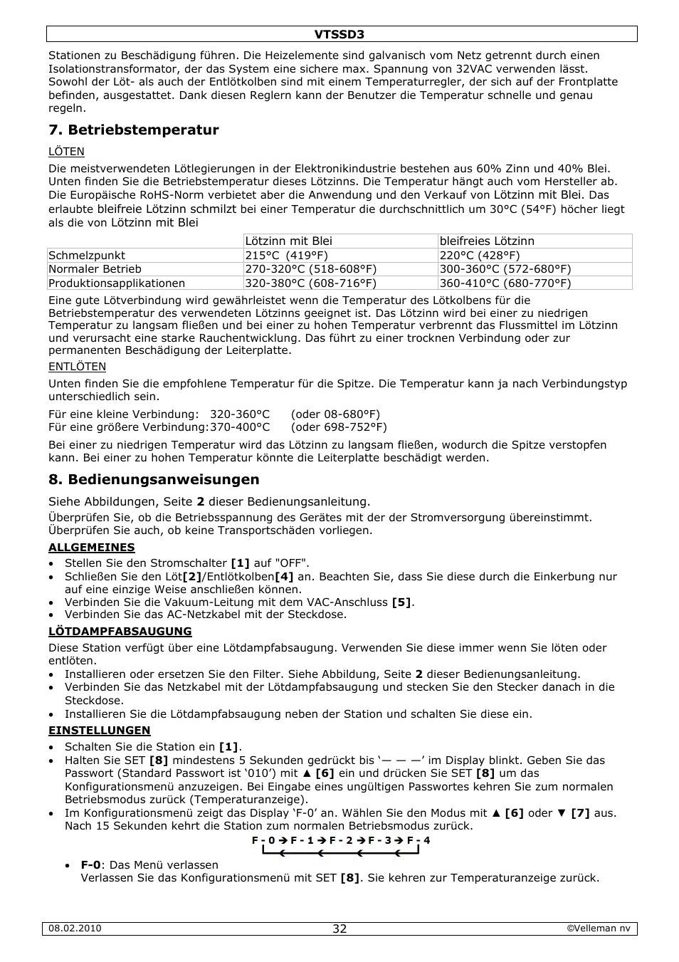 Betriebstemperatur, Bedienungsanweisungen | Velleman VTSSD3 User Manual | Page 32 / 51