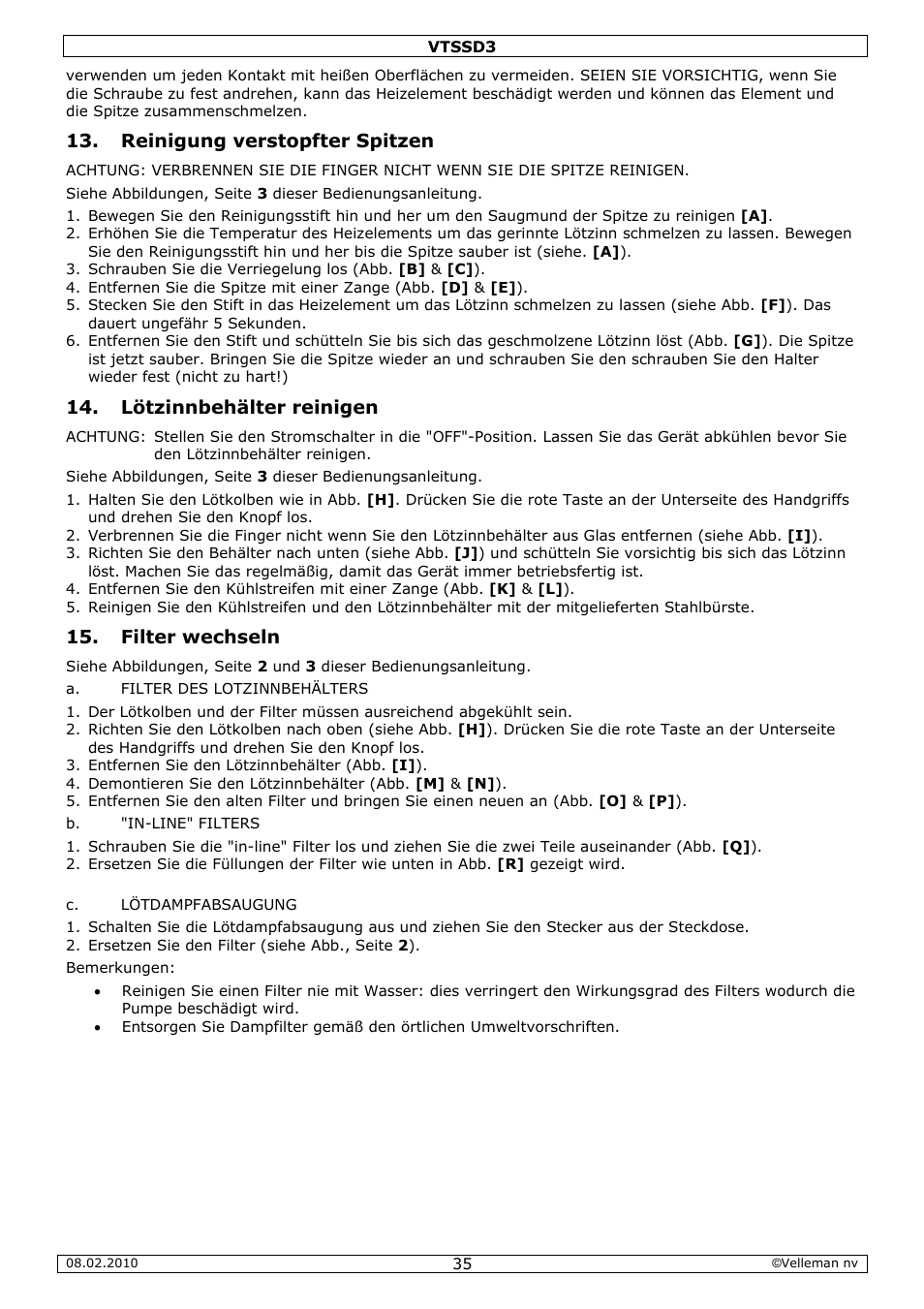 Reinigung verstopfter spitzen, Lötzinnbehälter reinigen, Filter wechseln | Velleman VTSSD3 User Manual | Page 35 / 51