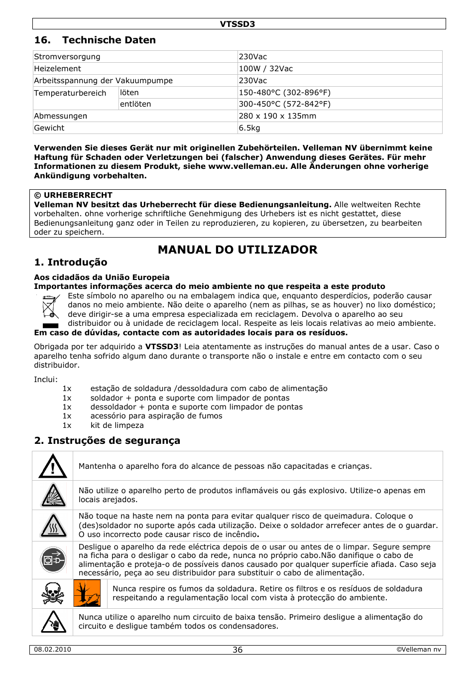 Anual, Do uti, Ilizado | Tech, Introdu, Instruç, Hnische d, Ução, Ções de s, Daten | Velleman VTSSD3 User Manual | Page 36 / 51