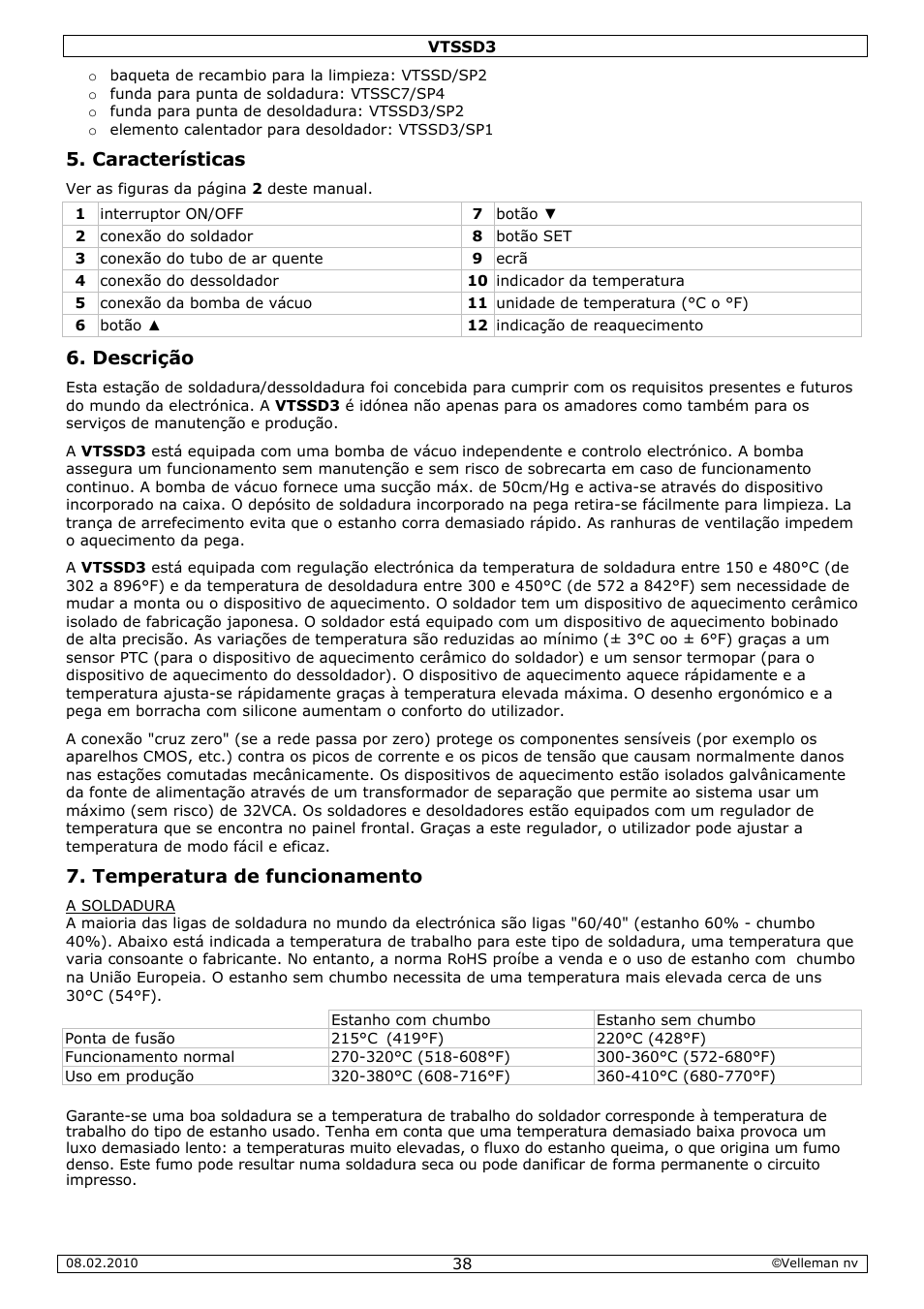 Características, Descrição, Temperatura de funcionamento | Velleman VTSSD3 User Manual | Page 38 / 51