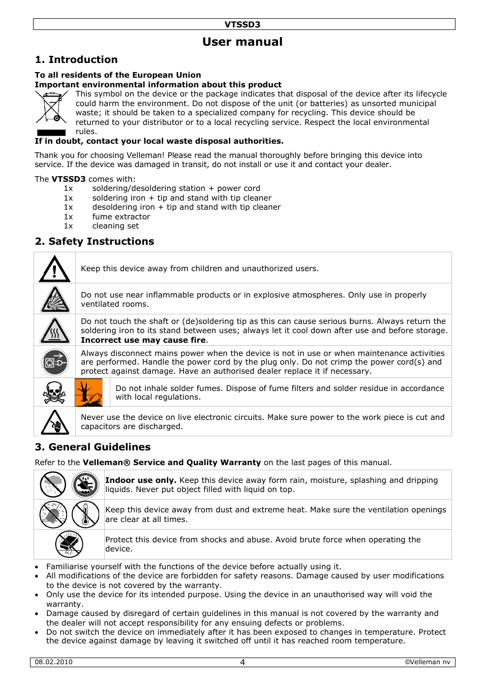 Er man, Introdu, Safety i | Genera, Uction, Instruct, L guideli, Ions | Velleman VTSSD3 User Manual | Page 4 / 51