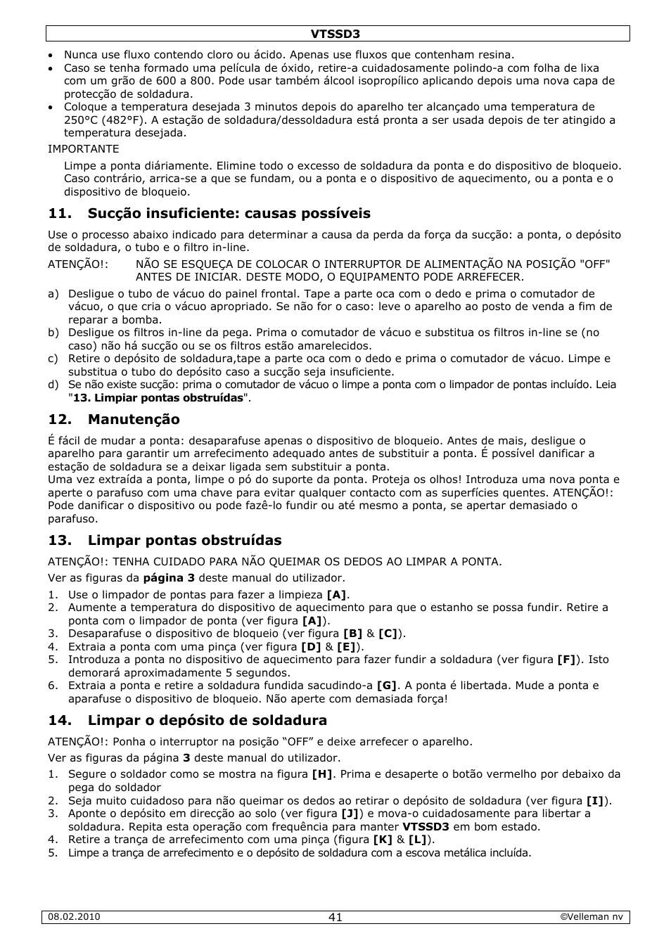 Sucção insuficiente: causas possíveis, Manutenção, Limpar pontas obstruídas | Limpar o depósito de soldadura | Velleman VTSSD3 User Manual | Page 41 / 51