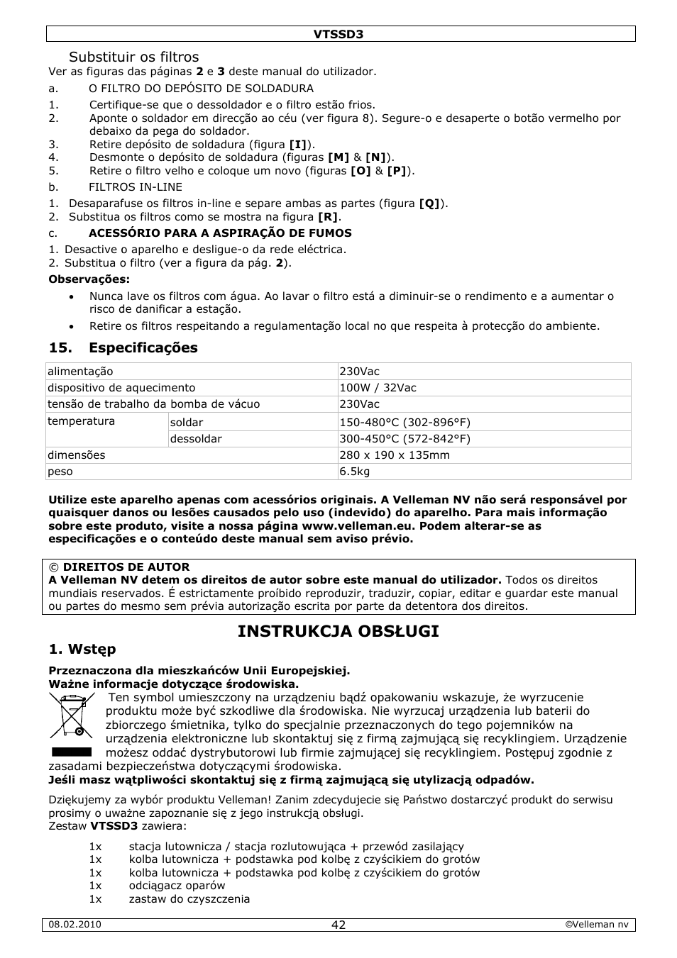 Instru, Ukcja o, Obsług | Substitu, Espe, Wstęp, Uir os filtr, Ecificaçõe | Velleman VTSSD3 User Manual | Page 42 / 51