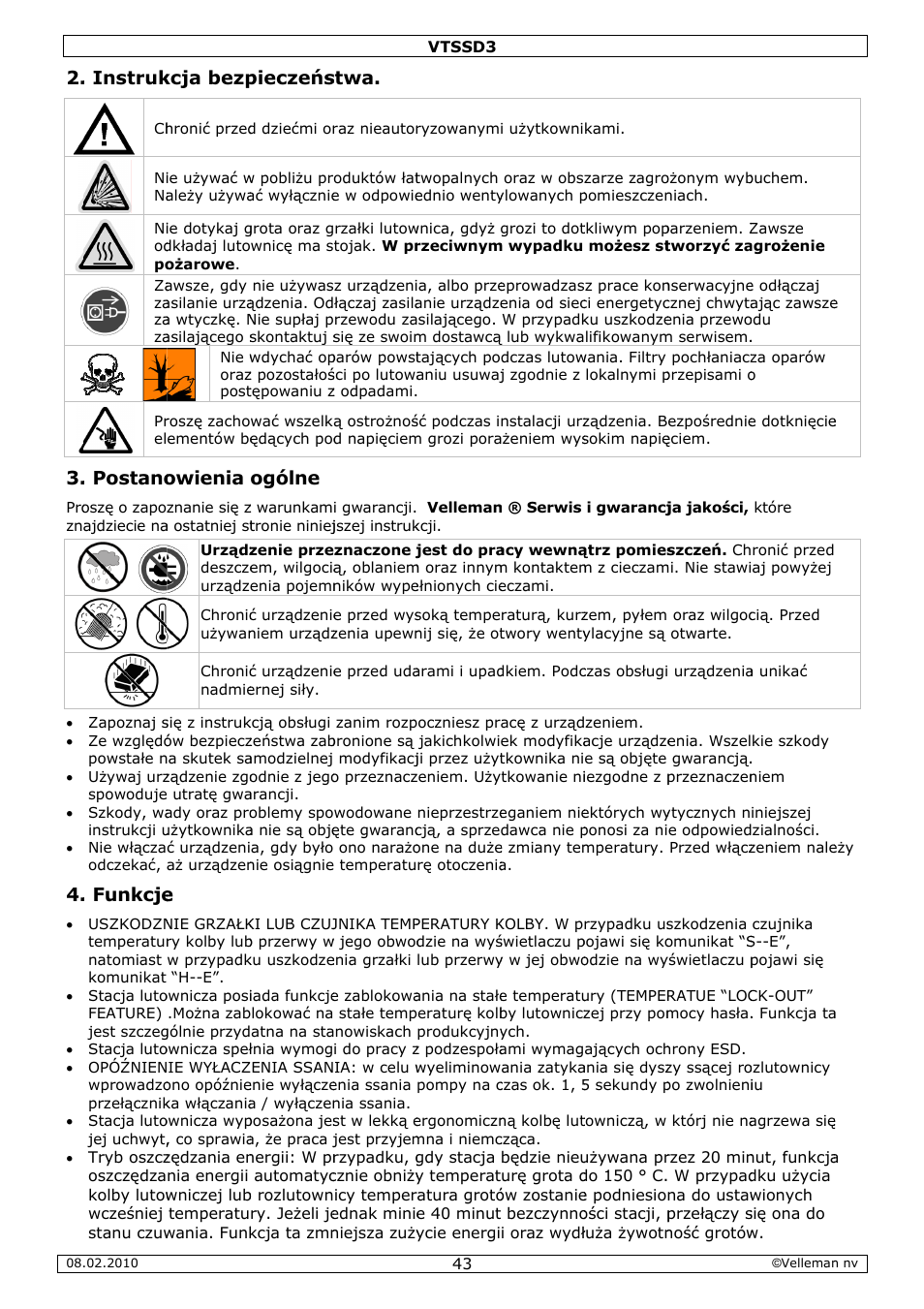 Instruk, Postano, Funkcje | Kcja bezp, Owienia, Pieczeńs, Ogólne, Stwa | Velleman VTSSD3 User Manual | Page 43 / 51