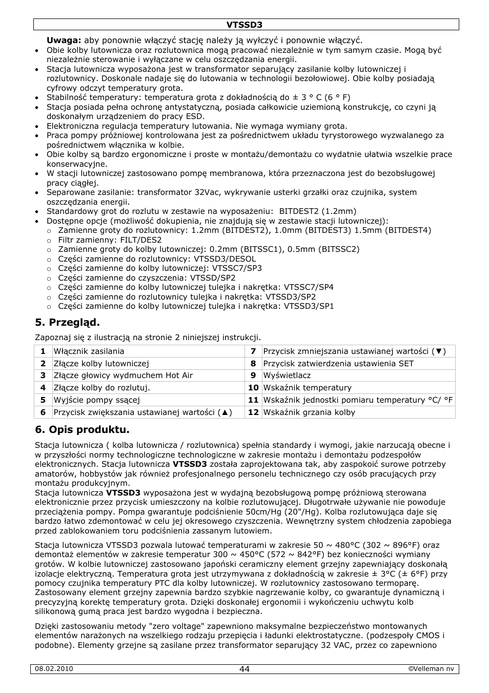 Przegląd, Opis produktu | Velleman VTSSD3 User Manual | Page 44 / 51