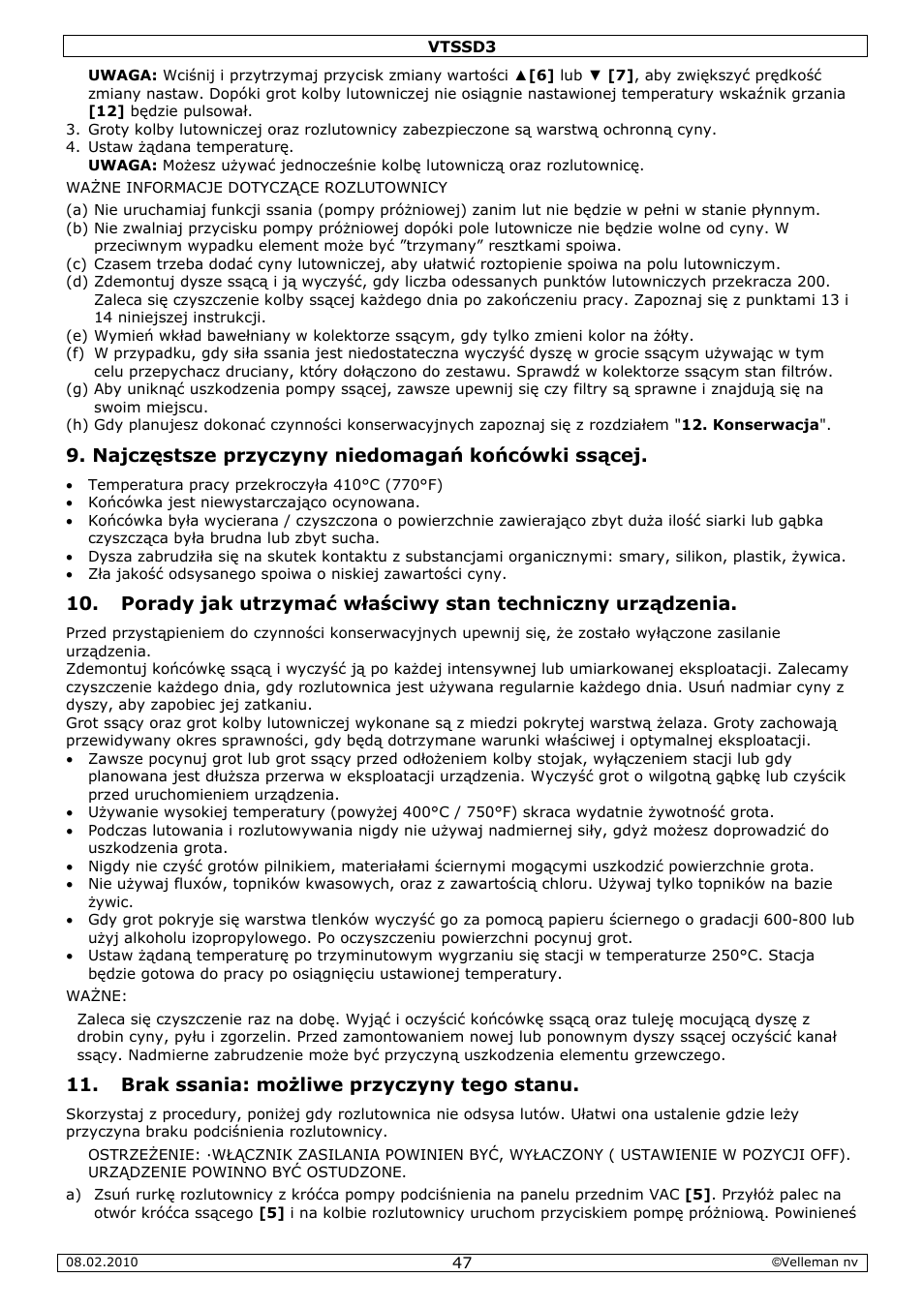 Najczęstsze przyczyny niedomagań końcówki ssącej, Brak ssania: możliwe przyczyny tego stanu | Velleman VTSSD3 User Manual | Page 47 / 51
