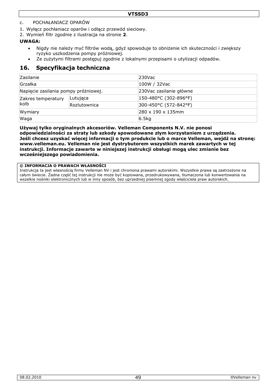 Specyfikacja techniczna | Velleman VTSSD3 User Manual | Page 49 / 51