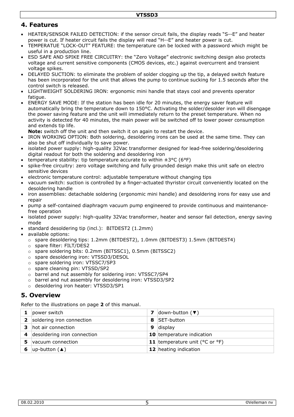 Features, Overview | Velleman VTSSD3 User Manual | Page 5 / 51