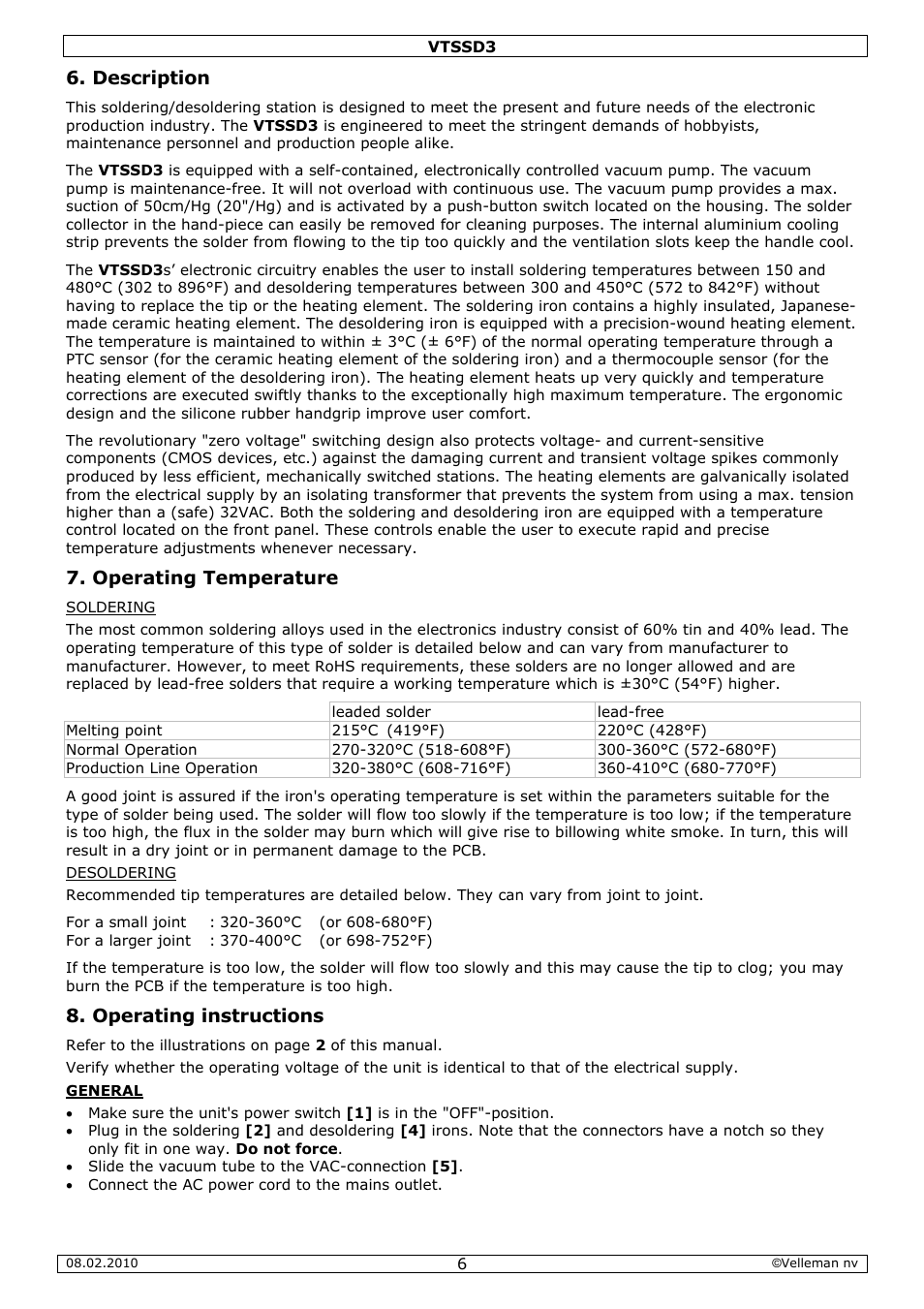 Description, Operating temperature, Operating instructions | Velleman VTSSD3 User Manual | Page 6 / 51