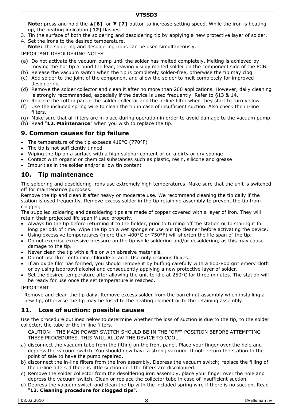 Common causes for tip failure, Tip maintenance, Loss of suction: possible causes | Velleman VTSSD3 User Manual | Page 8 / 51