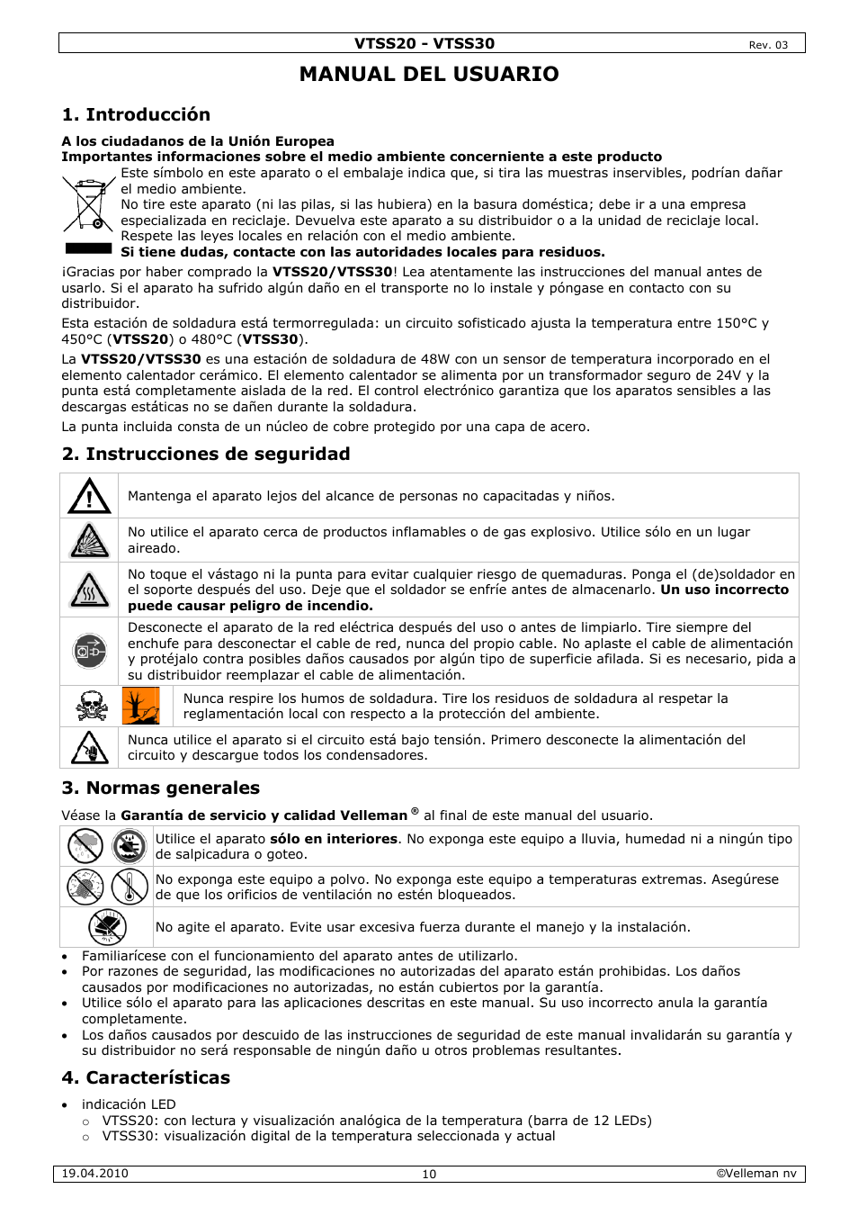 Manual, L del u, Usuari | Introdu, Instruc, Normas, Caracte, Ucción, Cciones d, S genera | Velleman VTSS20 User Manual | Page 10 / 16