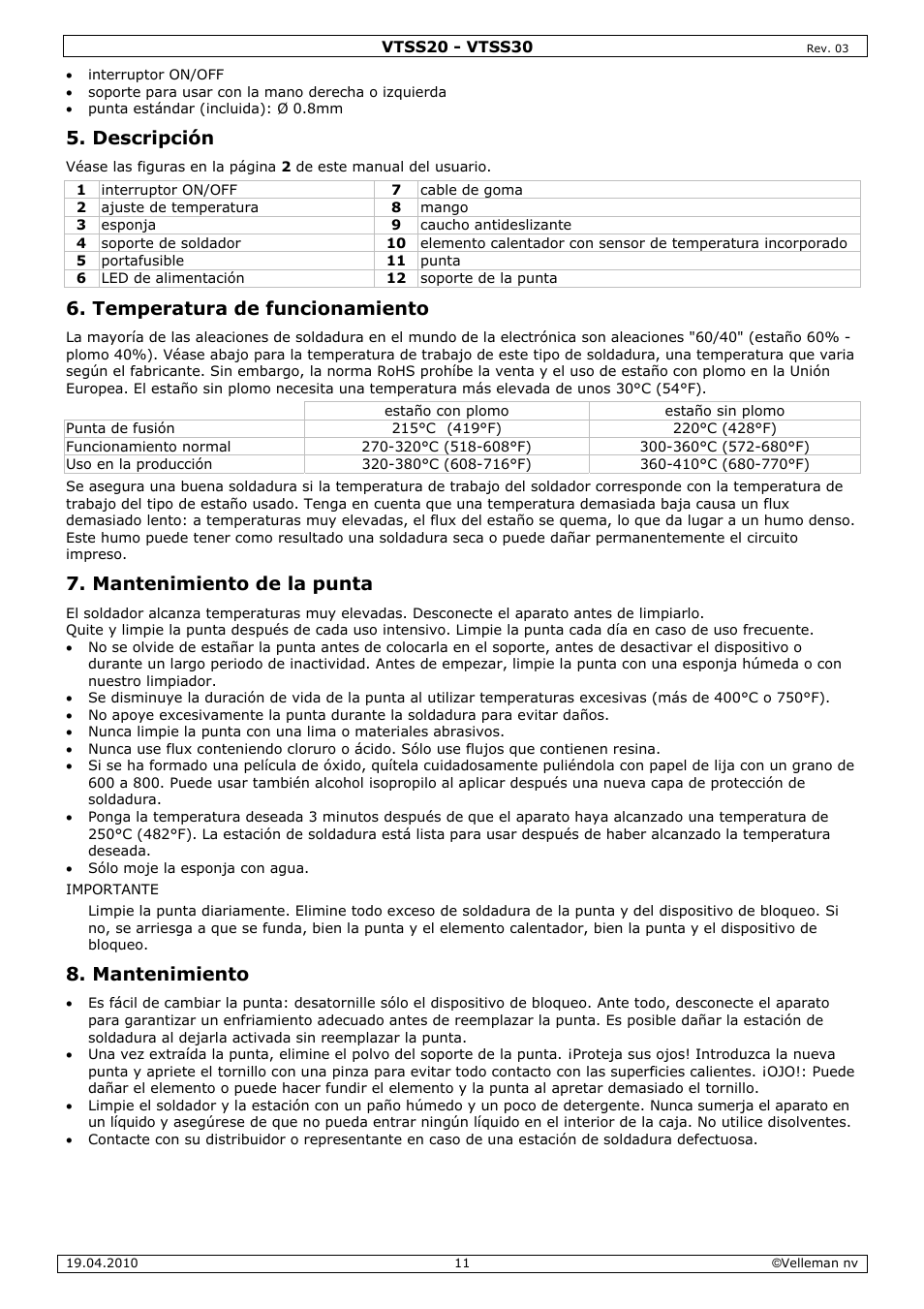 Descripción, Temperatura de funcionamiento, Mantenimiento de la punta | Mantenimiento | Velleman VTSS20 User Manual | Page 11 / 16