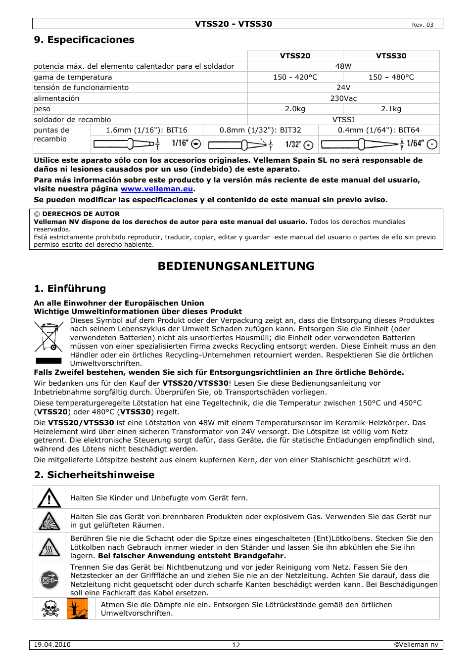 Edienu, Ungsan, Nleitun | Especif, Einführ, Sicherh, Ficacione, Rung, Heitshinw, Weise | Velleman VTSS20 User Manual | Page 12 / 16