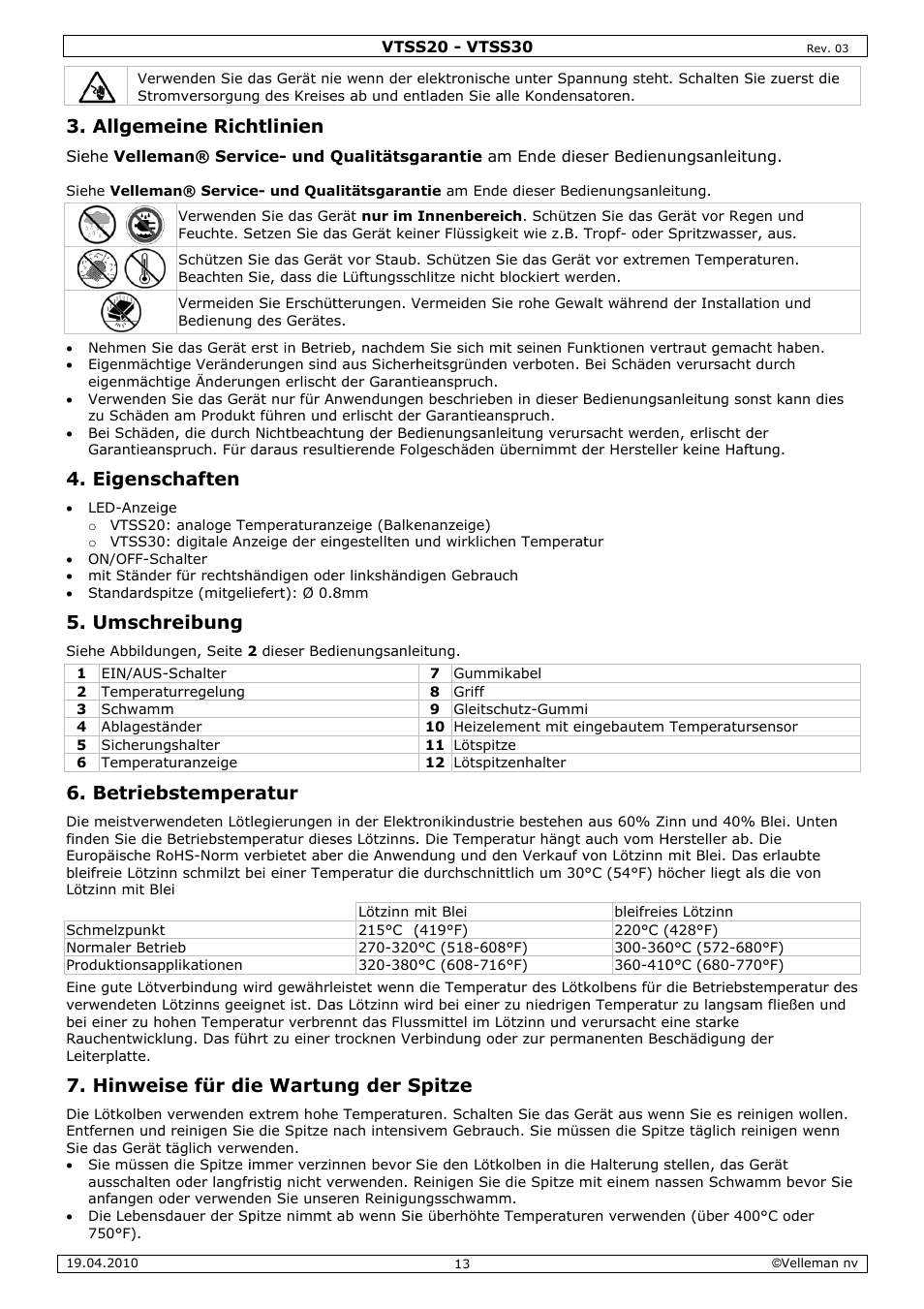 Allgeme, Eigensc, Umschr | Betrieb, Hinweis, Eine rich, Chaften, Reibung, Bstemper, Se für di | Velleman VTSS20 User Manual | Page 13 / 16