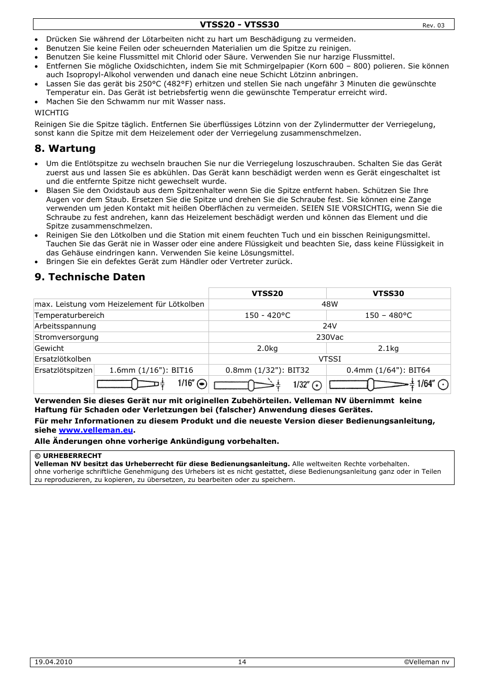 Wartung, Technische daten | Velleman VTSS20 User Manual | Page 14 / 16