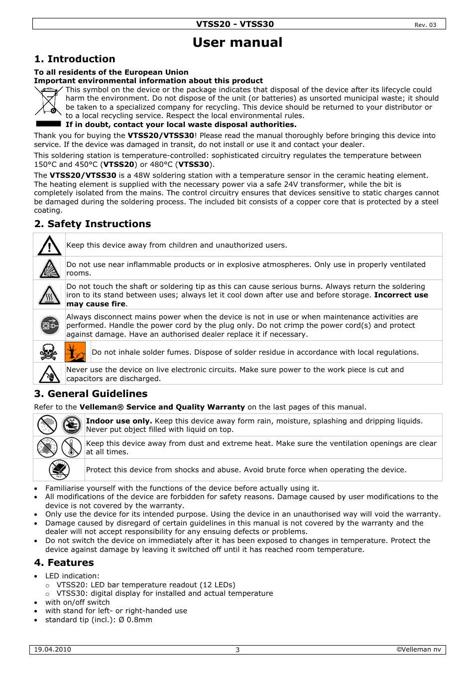 Er man, Nual, Introdu | Safety i, Genera, Feature, Uction, Instruct, L guideli, Ions | Velleman VTSS20 User Manual | Page 3 / 16