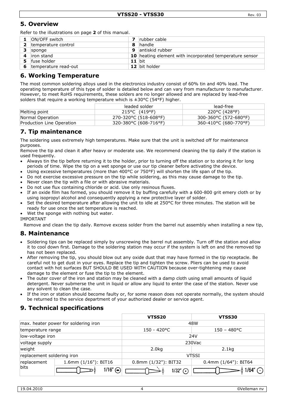 Overview, Working temperature, Tip maintenance | Maintenance, Technical specifications | Velleman VTSS20 User Manual | Page 4 / 16