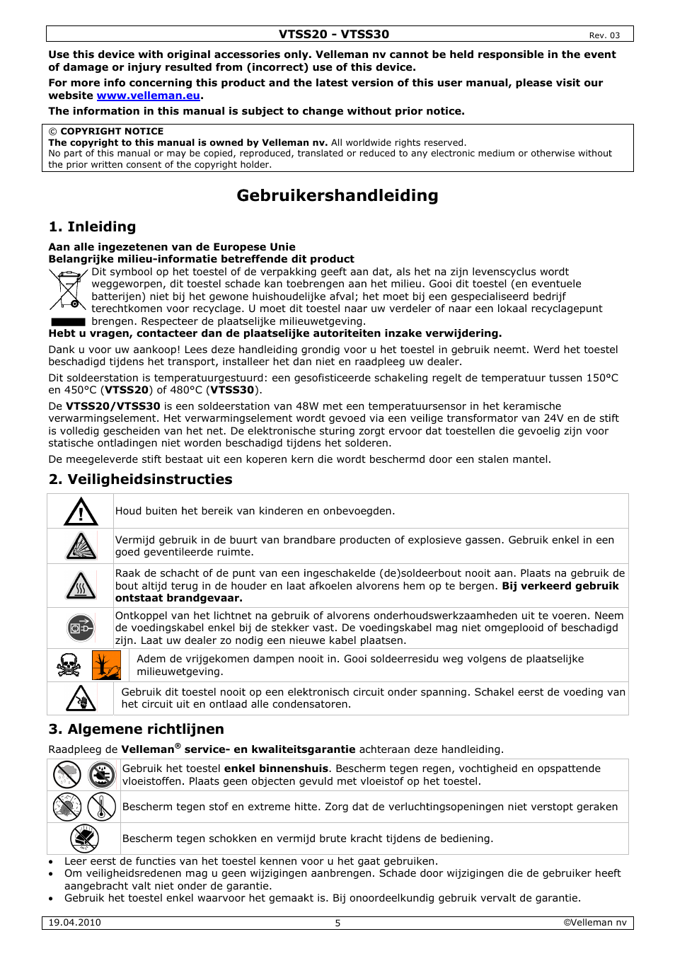 Gebruik, Kershan, Ndleidin | Inleidin, Veilighe, Algeme, Eidsinstr, Ene richt, Ructies, Lijnen | Velleman VTSS20 User Manual | Page 5 / 16