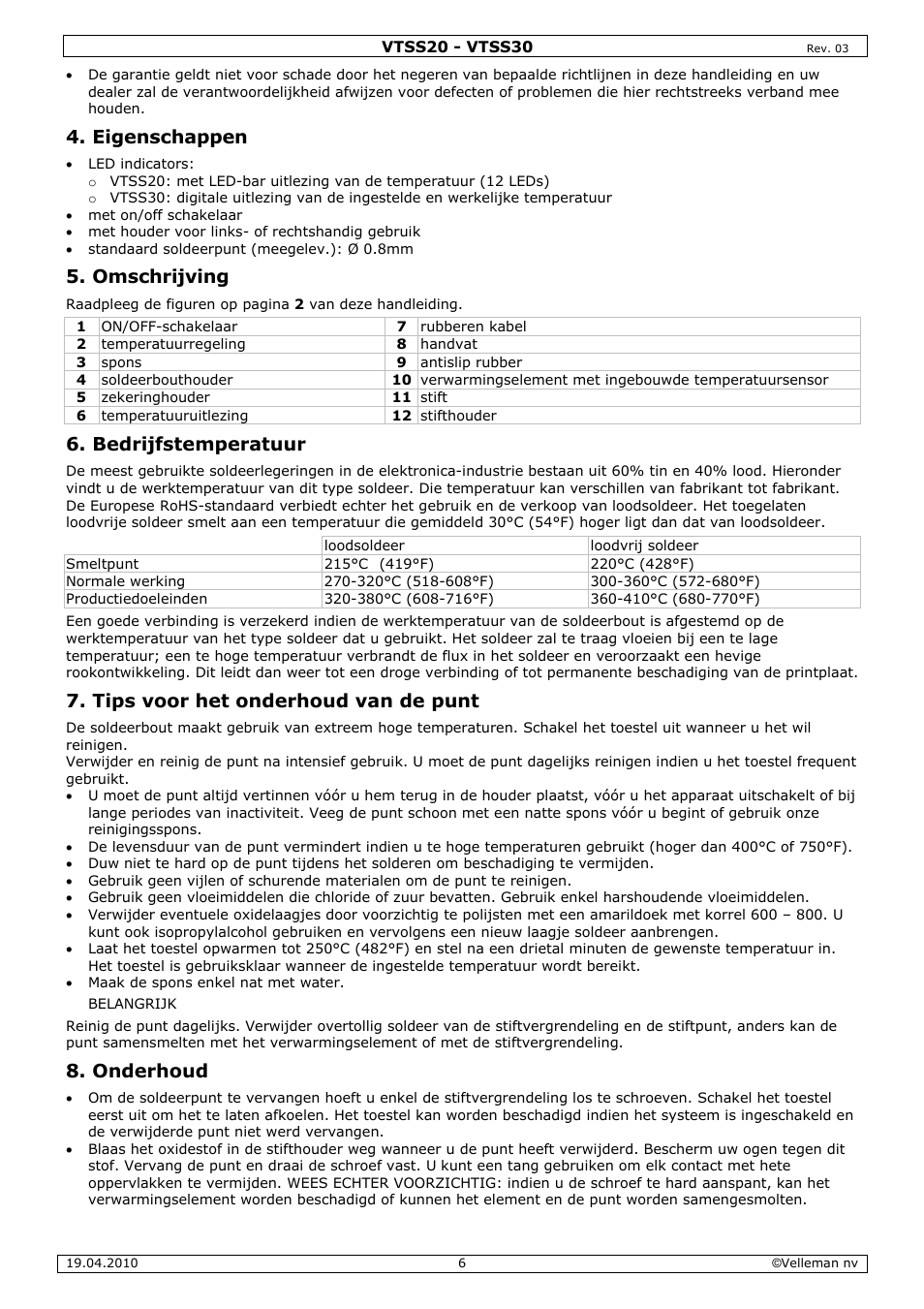 Eigenschappen, Omschrijving, Bedrijfstemperatuur | Tips voor het onderhoud van de punt, Onderhoud | Velleman VTSS20 User Manual | Page 6 / 16