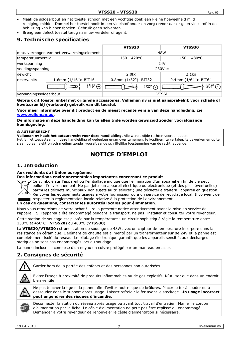 Notic, Ce d’em, Mploi | Technis, Introdu, Consign, Sche spe, Uction, Nes de sé, Ecificatie | Velleman VTSS20 User Manual | Page 7 / 16