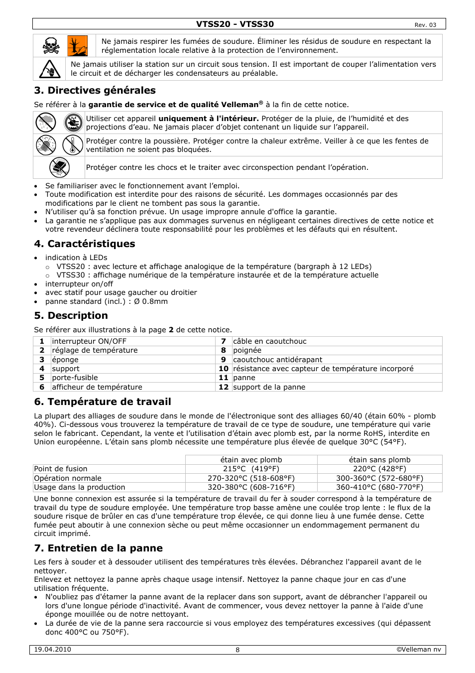 Directiv, Caracté, Descrip | Tempér, Entretie, Ves géné, Éristique, Ption, Rature de, En de la | Velleman VTSS20 User Manual | Page 8 / 16