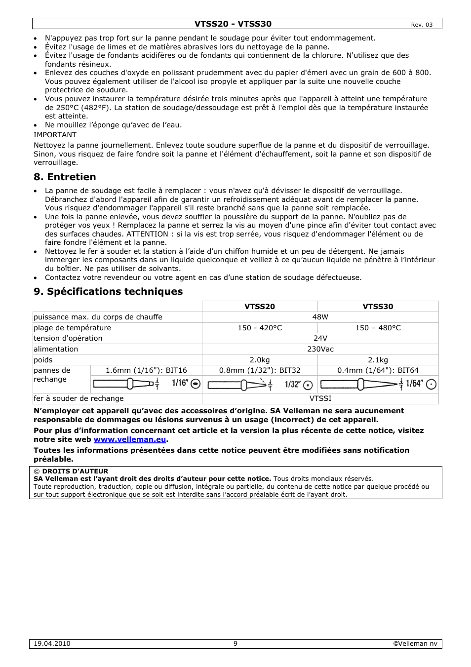 Entretien, Spécifications techniques | Velleman VTSS20 User Manual | Page 9 / 16