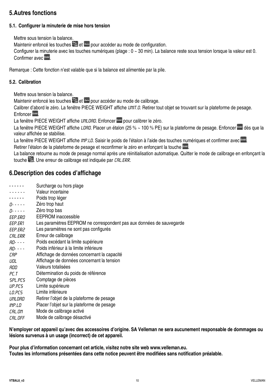 Autres fonctions, Description des codes d’affichage | Velleman VTBAL6 User Manual | Page 10 / 16