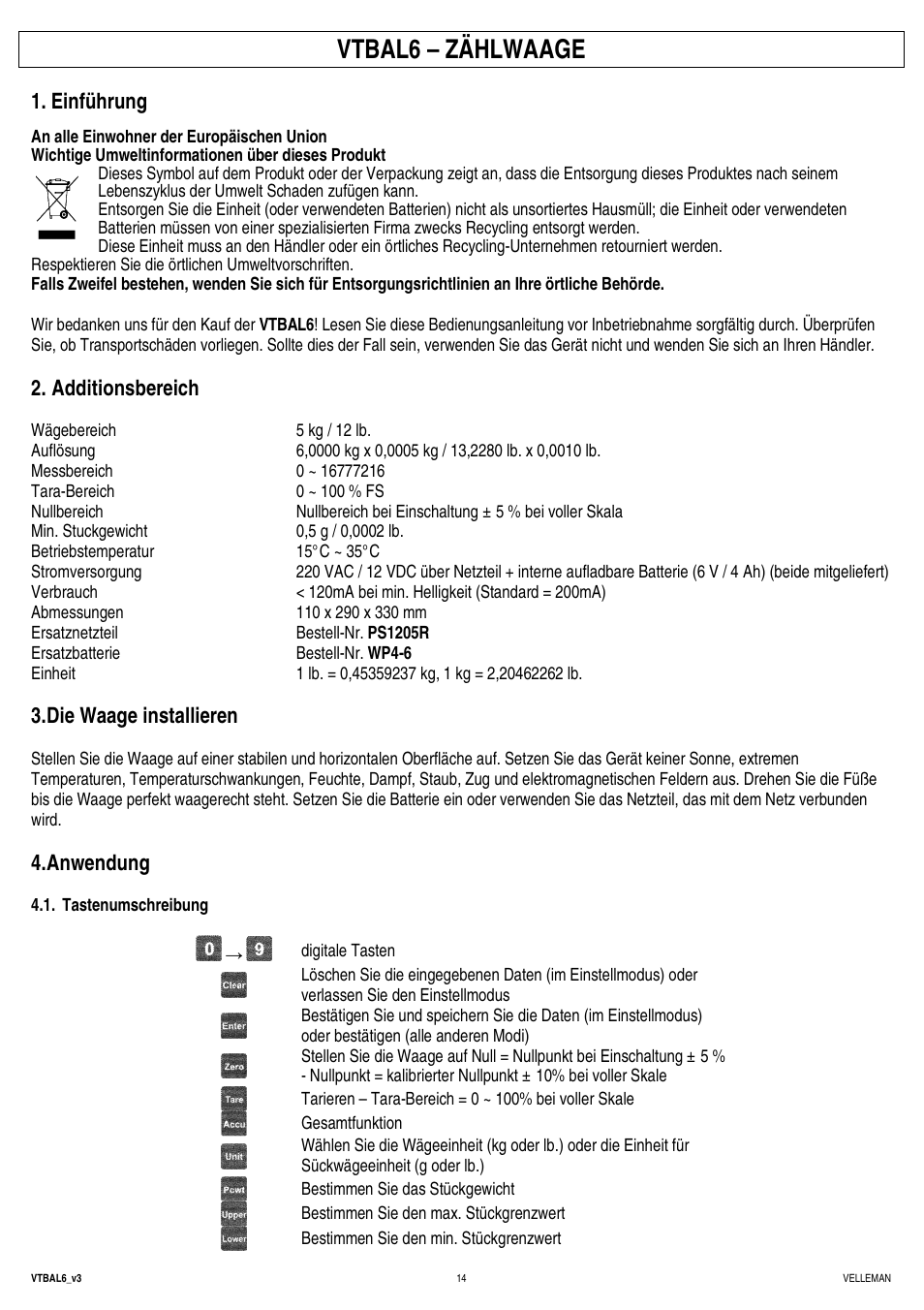 Vtbal6 – zählwaage, Einführung, Additionsbereich | Die waage installieren, Anwendung | Velleman VTBAL6 User Manual | Page 14 / 16