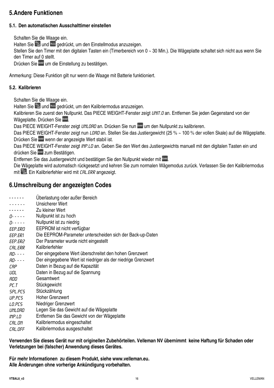 Andere funktionen, Umschreibung der angezeigten codes | Velleman VTBAL6 User Manual | Page 16 / 16