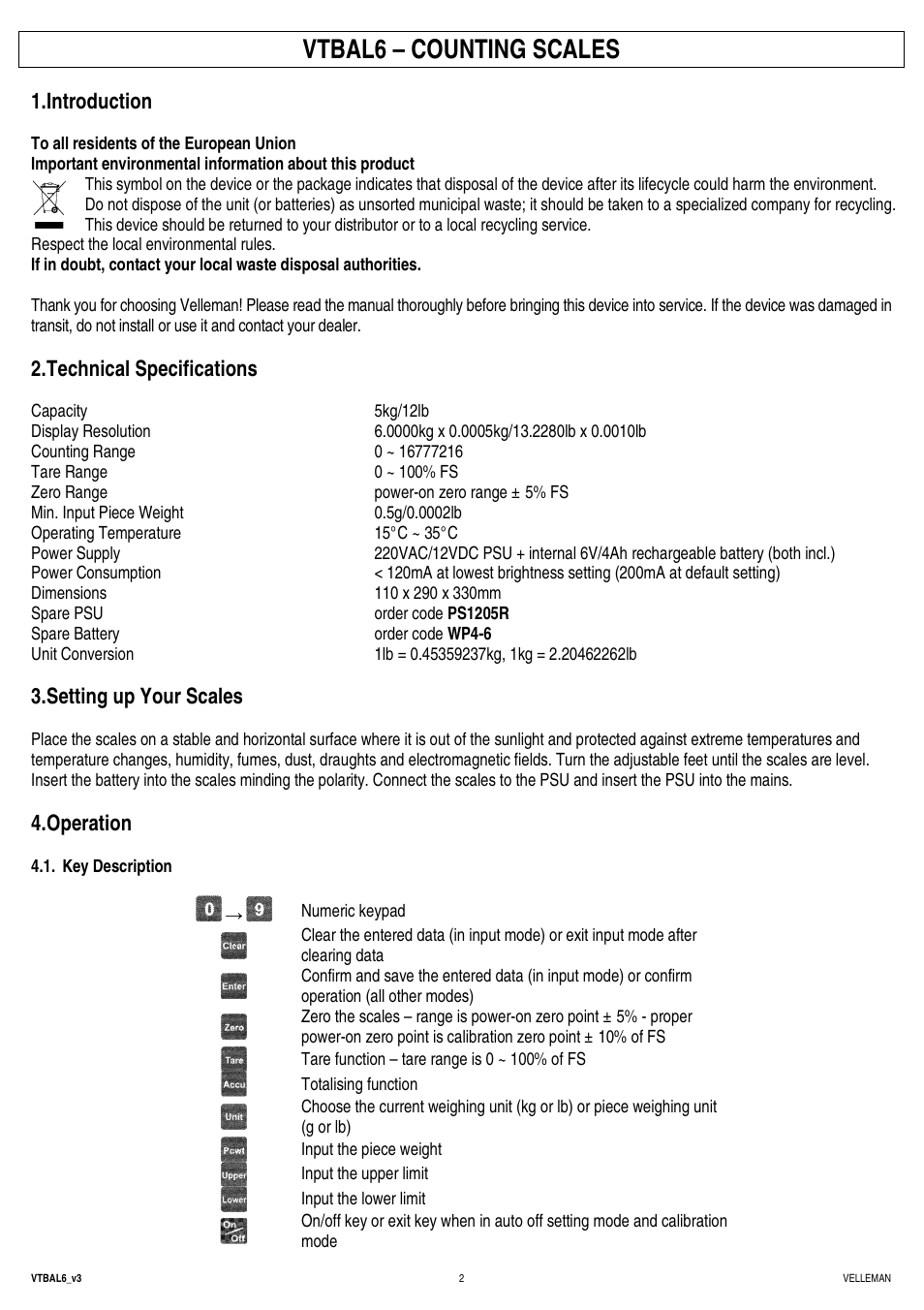 Vtbal6 – counting scales, Introduction, Technical specifications | Setting up your scales, Operation | Velleman VTBAL6 User Manual | Page 2 / 16