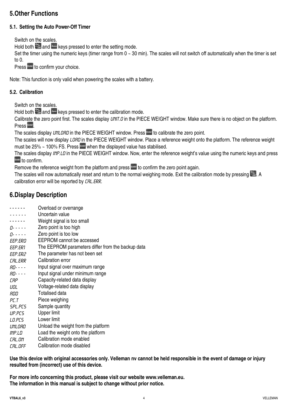 Other functions, Display description | Velleman VTBAL6 User Manual | Page 4 / 16