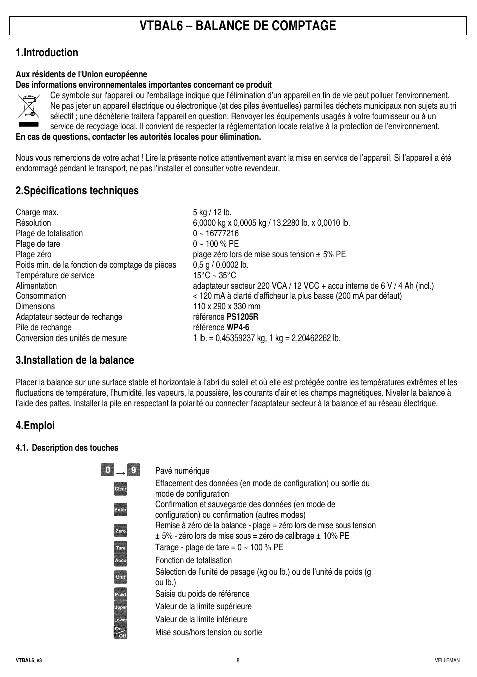 Vtbal6 – balance de comptage, Introduction, Spécifications techniques | Installation de la balance, Emploi | Velleman VTBAL6 User Manual | Page 8 / 16