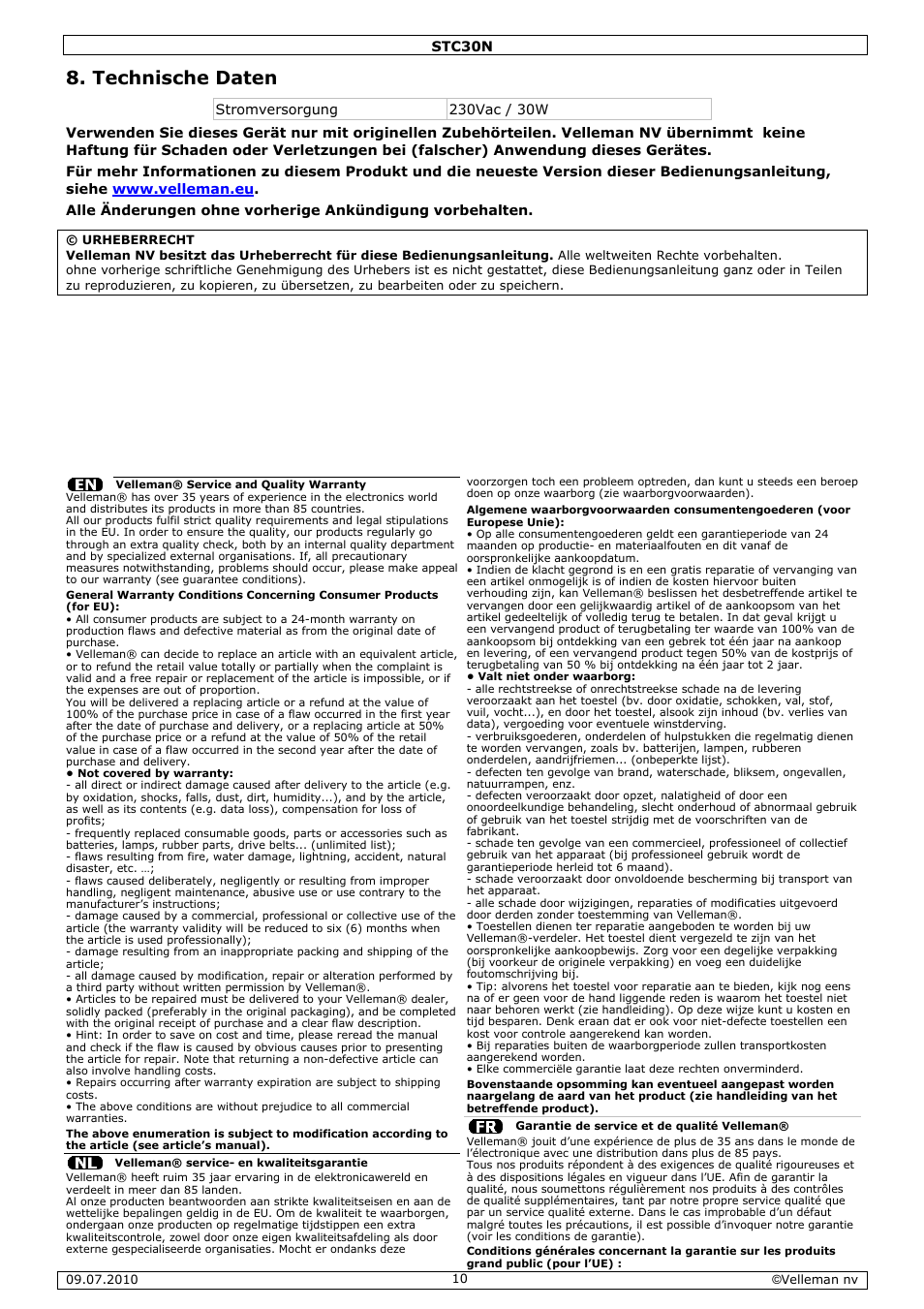 Technische daten | Velleman STC30N User Manual | Page 10 / 11