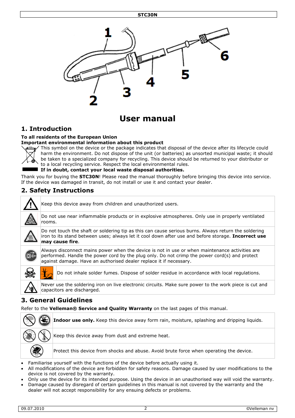 Er man, Nual, Introdu | Safety i, Genera, Uction, Instruct, L guideli, Ions, Ines | Velleman STC30N User Manual | Page 2 / 11