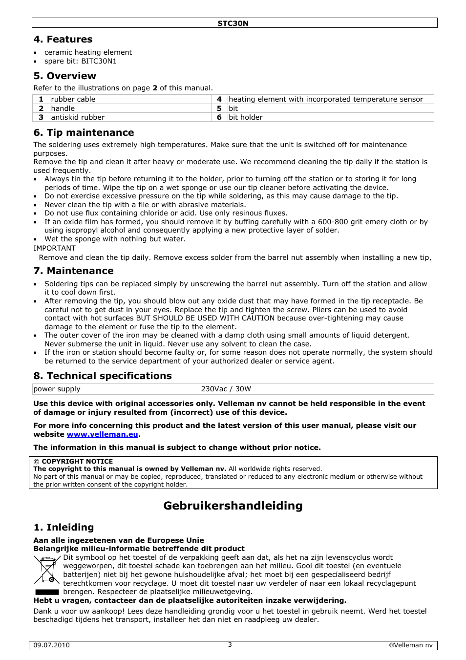 Gebruik, Kershan, Ndleidin | Feature, Overvie, Tip mai, Mainten, Technic, Inleidin, Intenanc | Velleman STC30N User Manual | Page 3 / 11