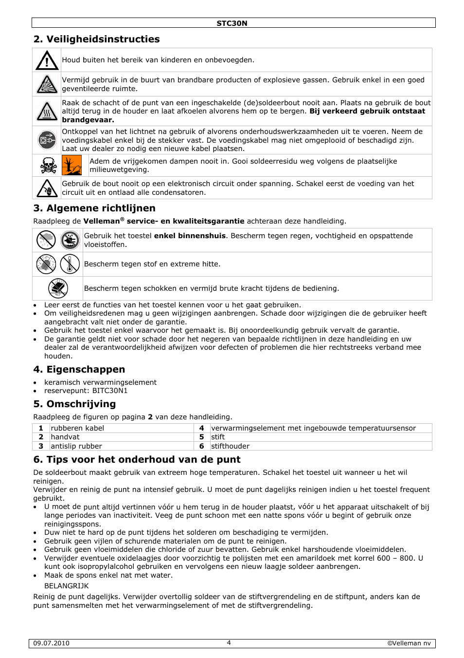 Veilighe, Algeme, Eigensc | Omschr, Tips vo, Eidsinstr, Ene richt, Chappen, Rijving, Or het on | Velleman STC30N User Manual | Page 4 / 11