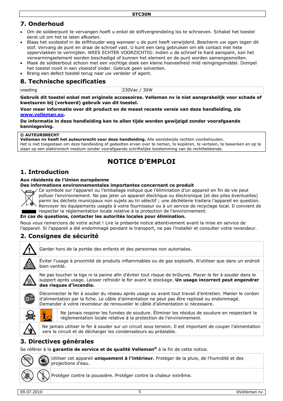 Notic, Ce d’em, Mploi | Onderh, Technis, Introdu, Consign, Directiv, Houd, Sche spe | Velleman STC30N User Manual | Page 5 / 11