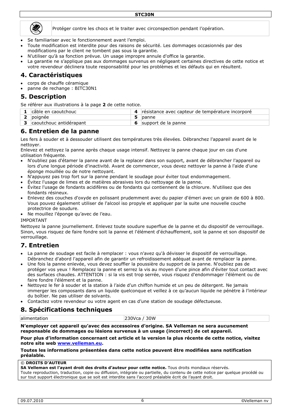Caractéristiques, Description, Entretien de la panne | Entretien, Spécifications techniques | Velleman STC30N User Manual | Page 6 / 11