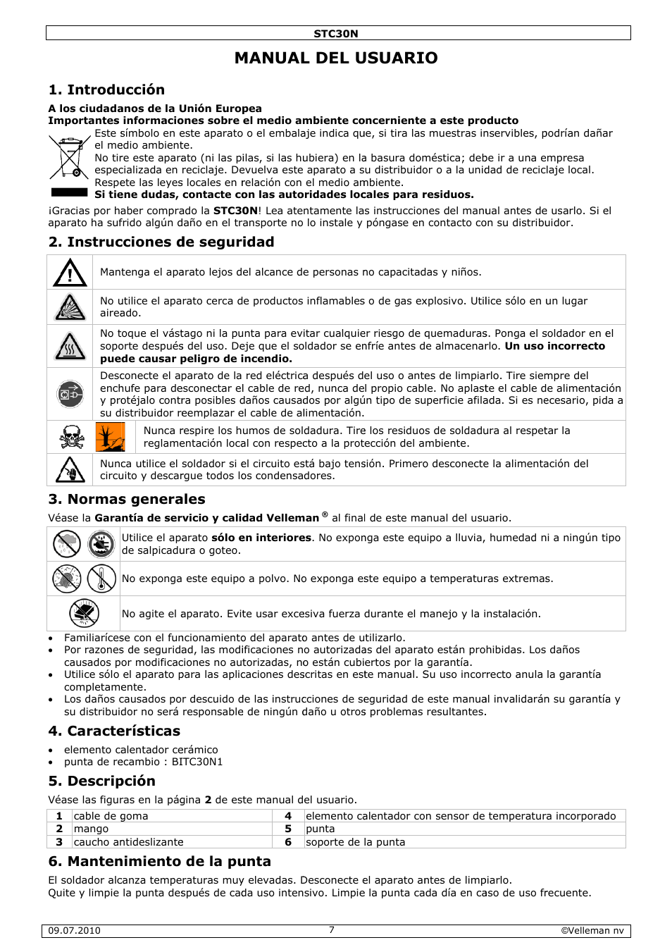 Manual, L del u, Usuari | Introdu, Instruc, Normas, Caracte, Descrip, Manten, Ucción | Velleman STC30N User Manual | Page 7 / 11