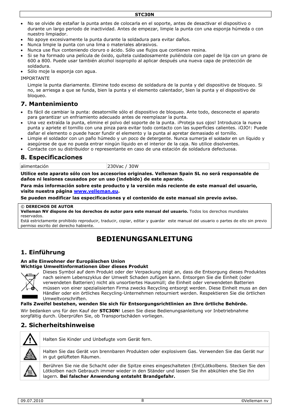 Edienu, Ungsan, Nleitun | Manten, Especif, Einführ, Sicherh, Nimiento, Ficacione, Rung | Velleman STC30N User Manual | Page 8 / 11