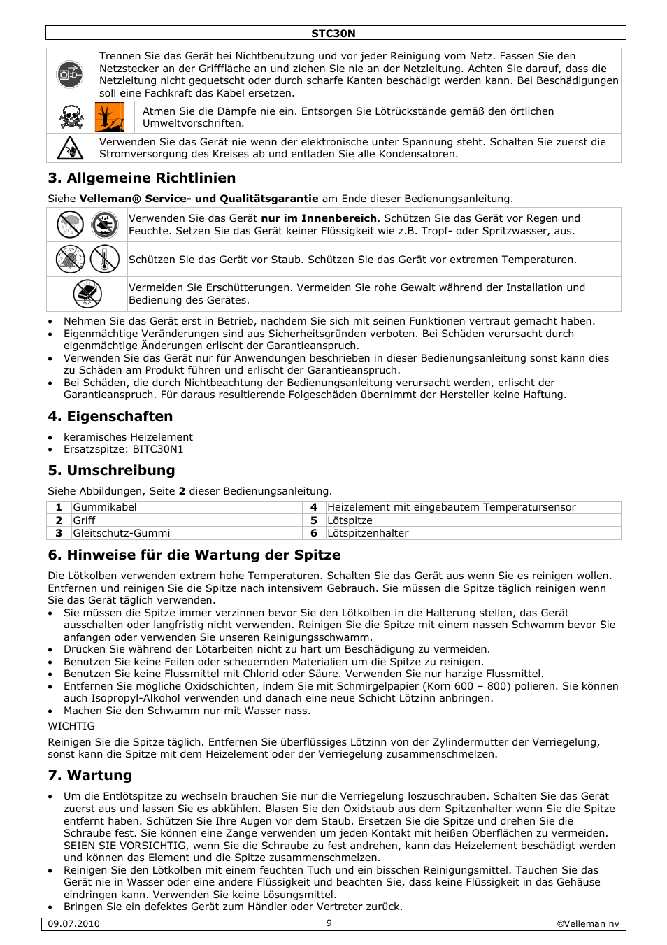 Allgeme, Eigensc, Umschr | Hinweis, Wartun, Eine rich, Chaften, Reibung, Se für di, Htlinien | Velleman STC30N User Manual | Page 9 / 11