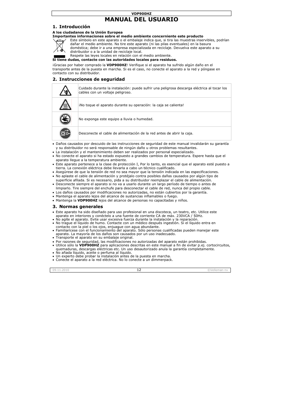 Nual del, L usuar | Velleman VDP900HZ User Manual | Page 12 / 19