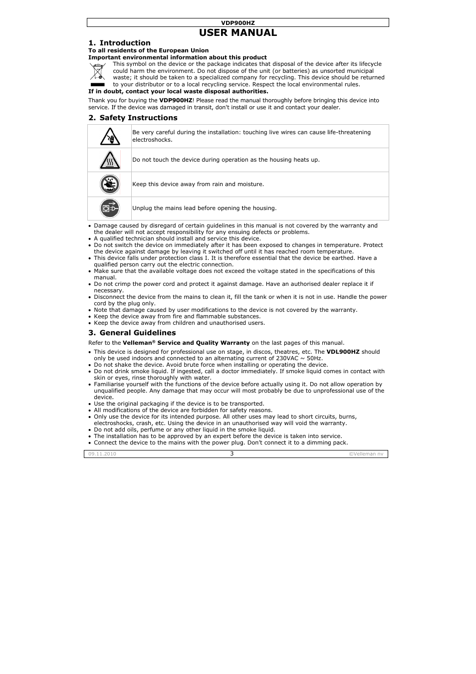User ma, Anual | Velleman VDP900HZ User Manual | Page 3 / 19