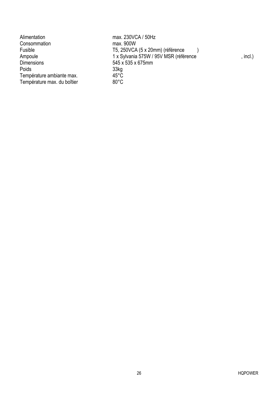 Spécifications techniques | Velleman VDP575MHS20FL User Manual | Page 26 / 46