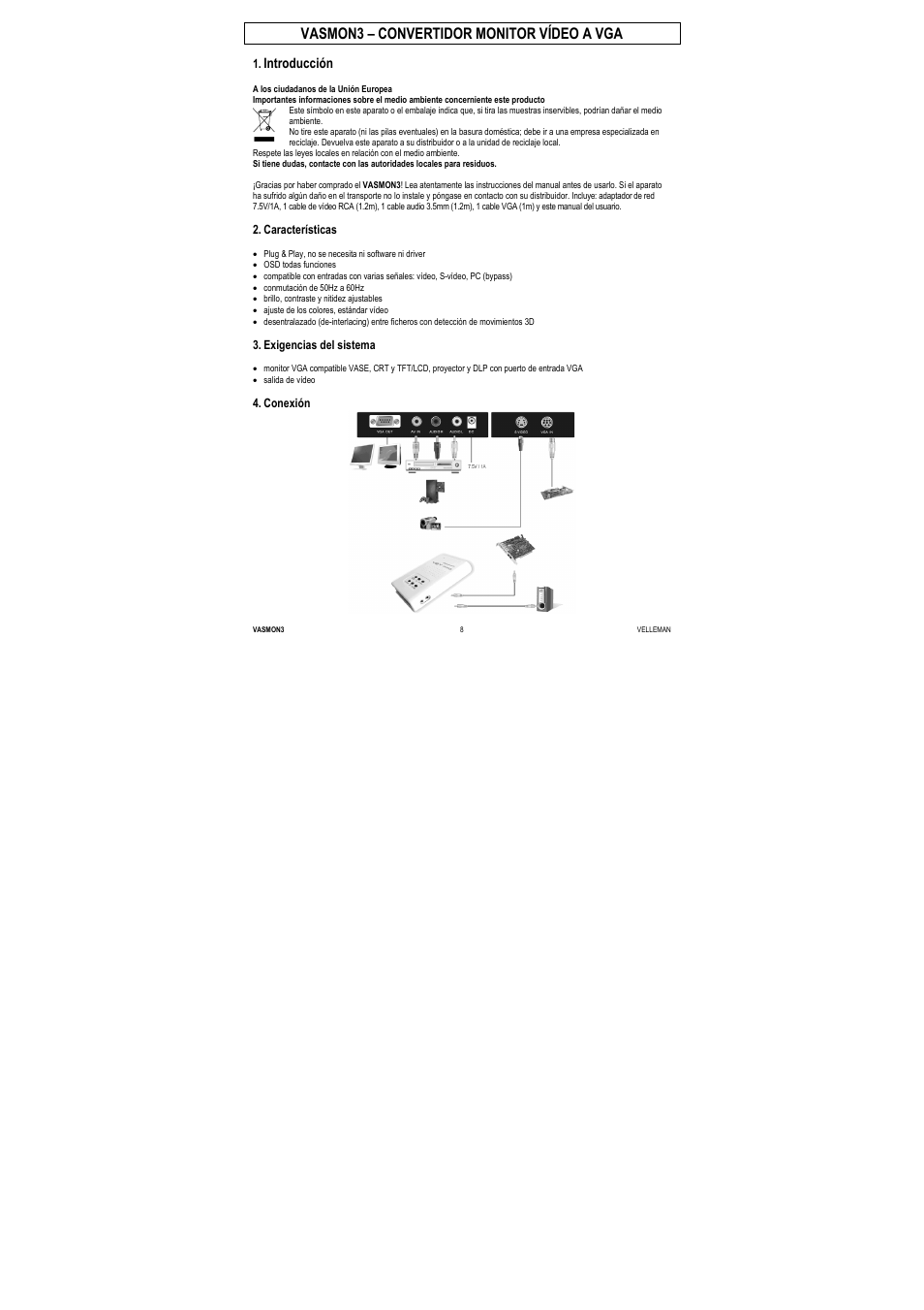 Vasmon3 – convertidor monitor vídeo a vga, Introducción | Velleman VASMON3 User Manual | Page 8 / 14