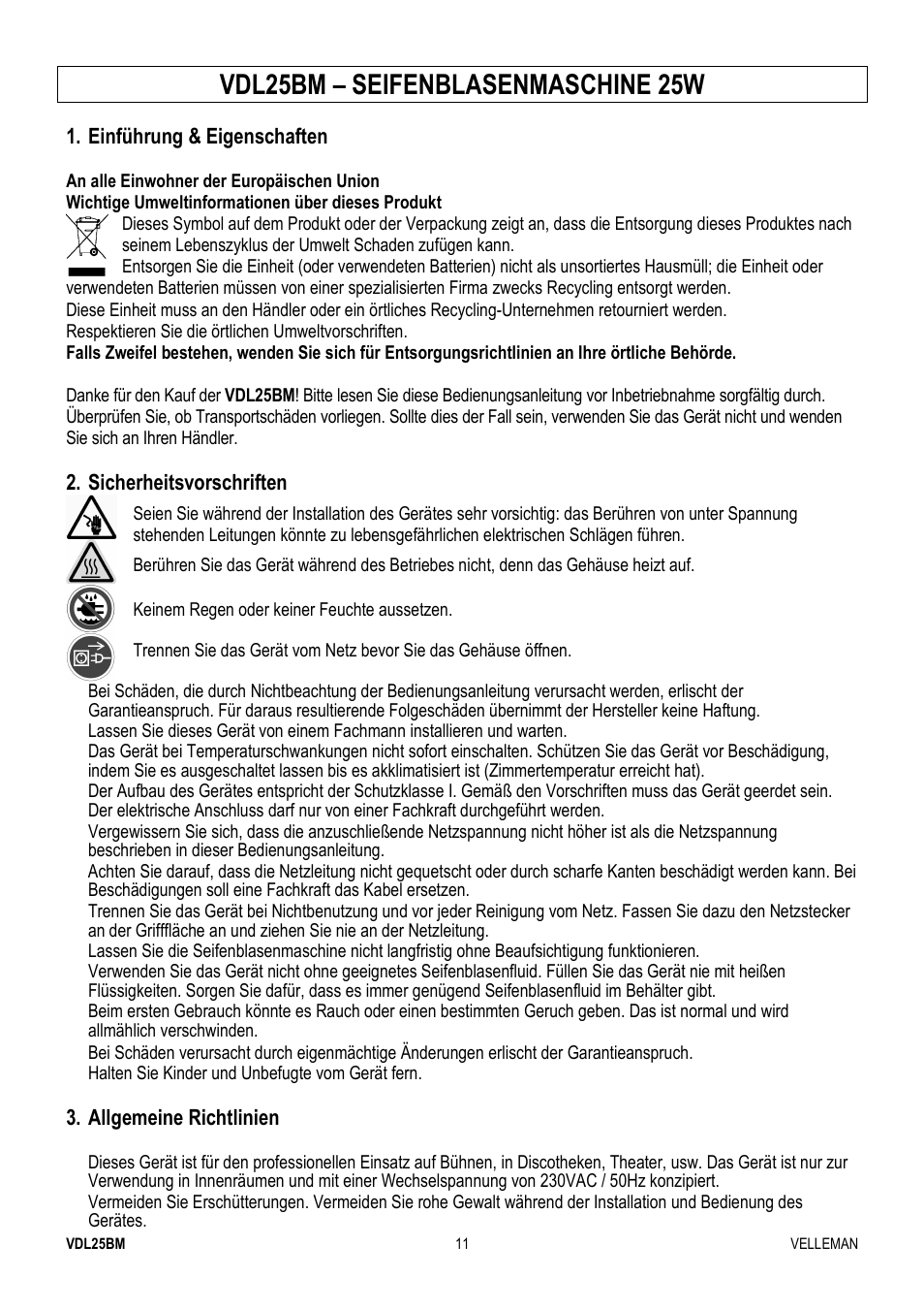 Vdl25bm – seifenblasenmaschine 25w | Velleman VDL25BM User Manual | Page 11 / 20