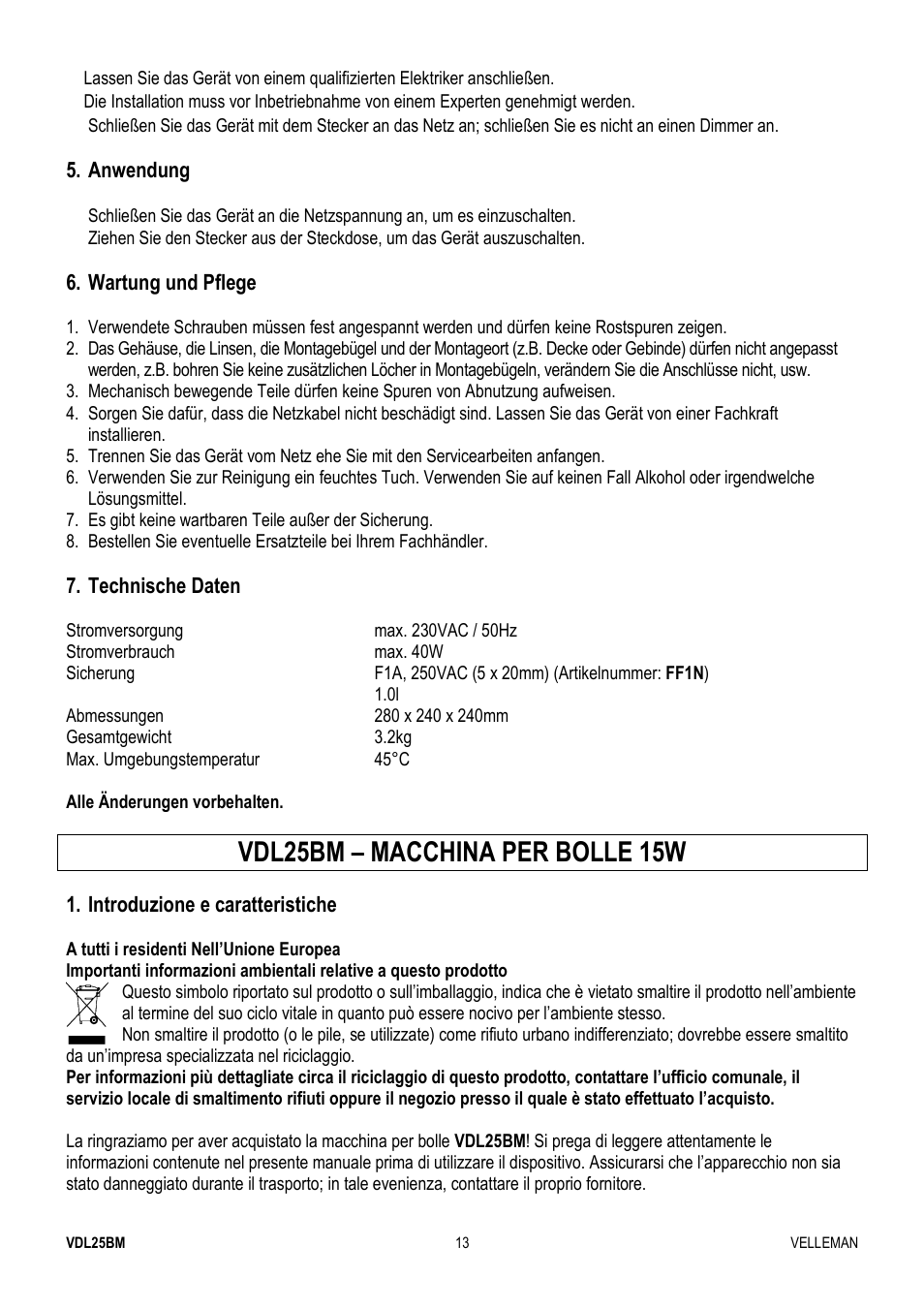 Vdl25bm – macchina per bolle 15w | Velleman VDL25BM User Manual | Page 13 / 20
